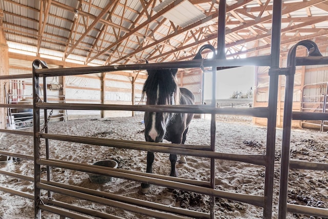 view of stable featuring a water view