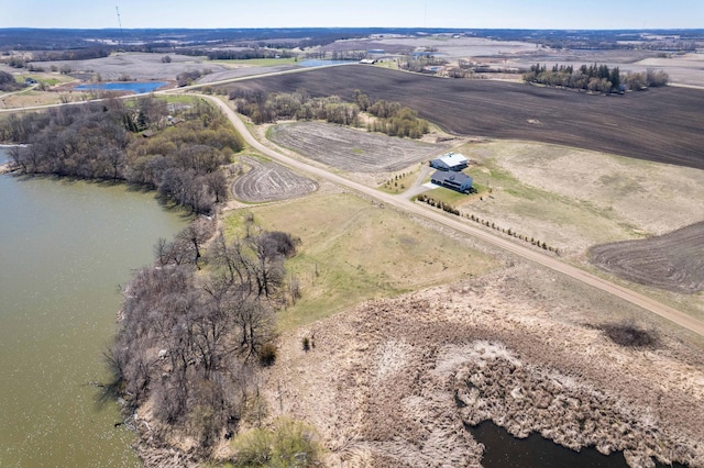 aerial view featuring a water view and a rural view