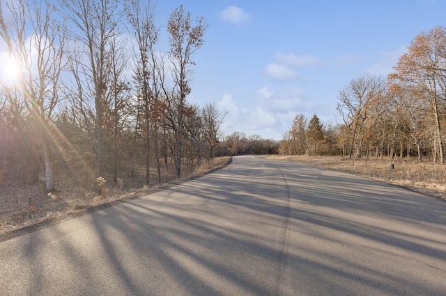 view of asphalt street featuring a wooded view