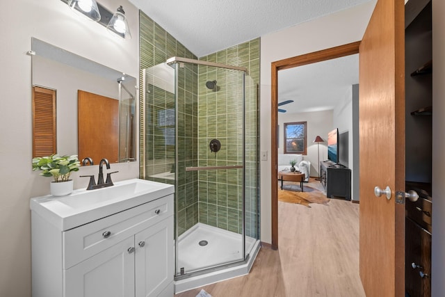 23245 County Rd W, Grantsburg, WI 54840 - bathroom featuring a stall shower, vanity, wood finished floors, and a textured ceiling