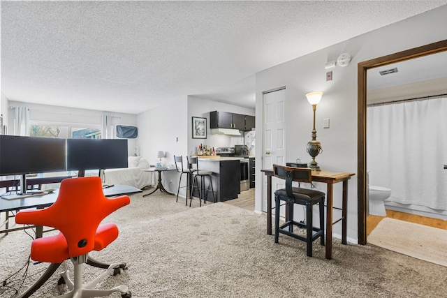 office space with light carpet, a textured ceiling, and visible vents