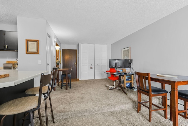 dining space with a textured ceiling, carpet, and a baseboard radiator