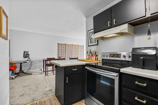 kitchen featuring dark cabinetry, electric stove, under cabinet range hood, and light countertops