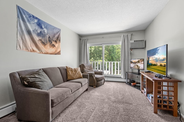 living area featuring carpet flooring, a textured ceiling, a baseboard heating unit, and a wall unit AC