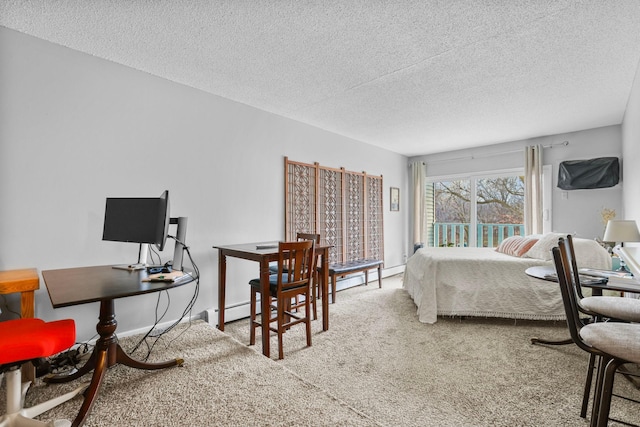 carpeted bedroom with a textured ceiling