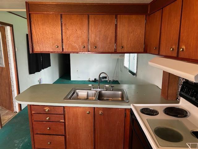 10010 Lake Rd, Watab Twp, MN 56367 - kitchen featuring brown cabinetry, electric range, light countertops, a sink, and exhaust hood