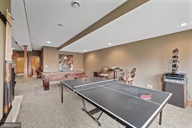playroom with ornate columns, pool table, recessed lighting, and light carpet