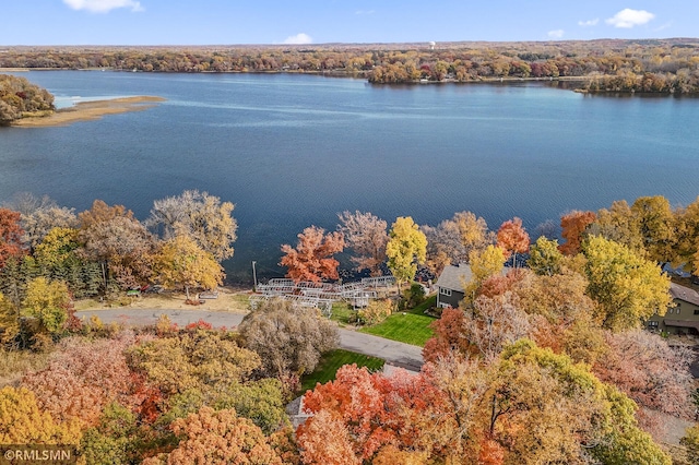 aerial view with a water view and a forest view