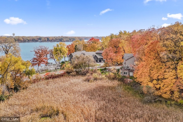 drone / aerial view featuring a view of trees and a water view