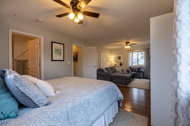 bedroom with ceiling fan and wood finished floors