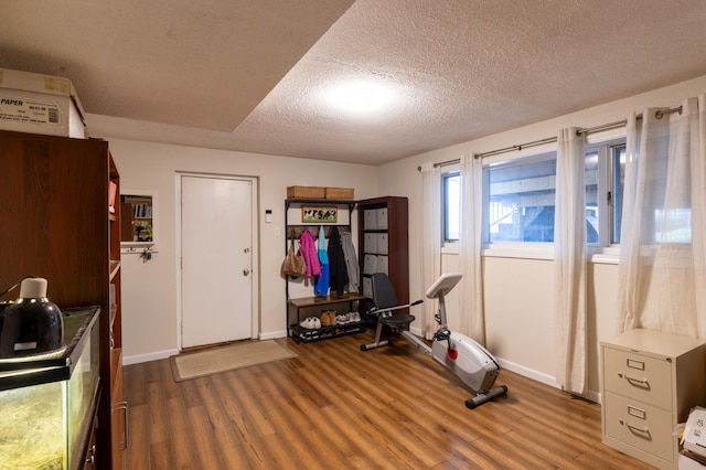workout room featuring baseboards, a textured ceiling, and wood finished floors