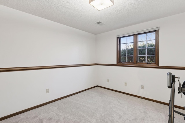 empty room with a textured ceiling, visible vents, light carpet, and baseboards