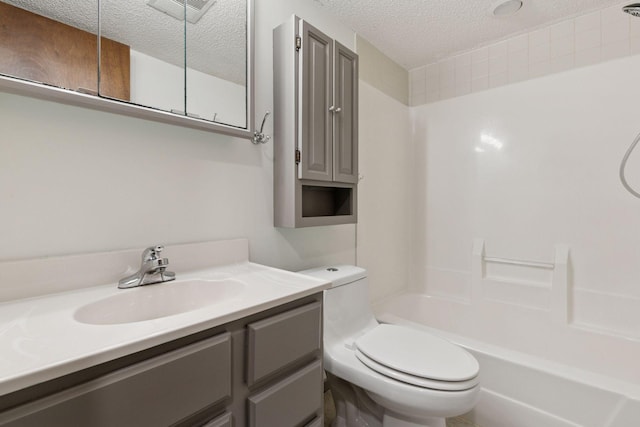 full bath with vanity, toilet, a textured ceiling,  shower combination, and visible vents