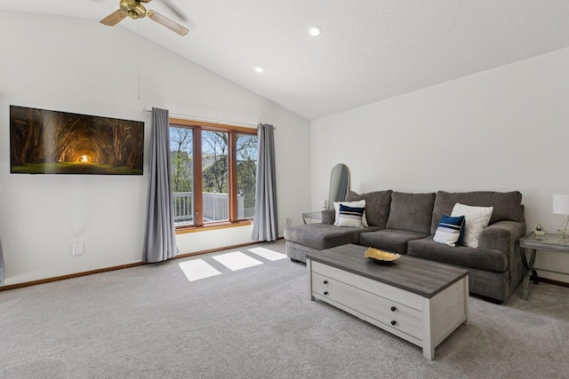living room featuring a ceiling fan, recessed lighting, light carpet, and lofted ceiling