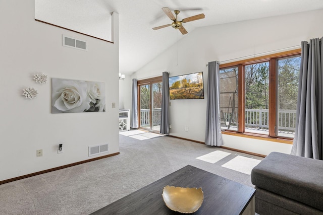 living room featuring carpet floors, ceiling fan, baseboards, and visible vents