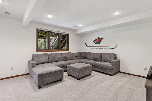 living area featuring light colored carpet, a textured ceiling, recessed lighting, baseboards, and beamed ceiling