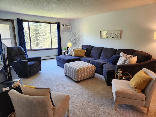 carpeted living room featuring a textured ceiling, a wall unit AC, and a baseboard heating unit
