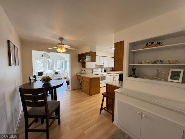 dining room featuring light wood-type flooring and ceiling fan