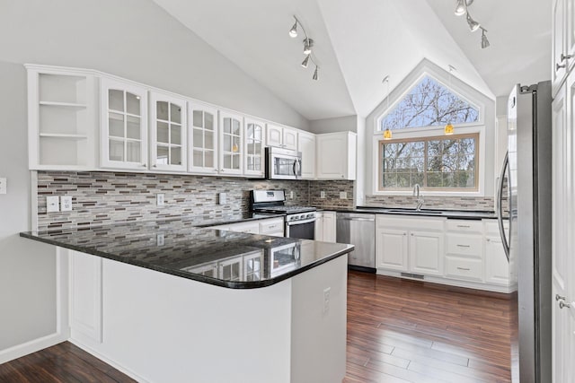 kitchen with vaulted ceiling, a sink, a peninsula, glass insert cabinets, and stainless steel appliances