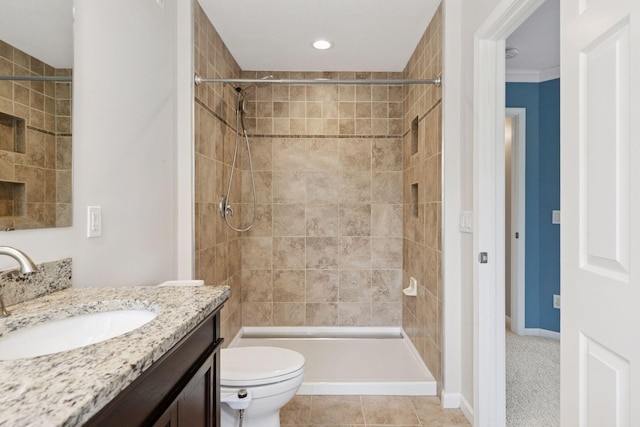 full bath with vanity, toilet, tile patterned floors, recessed lighting, and a shower stall