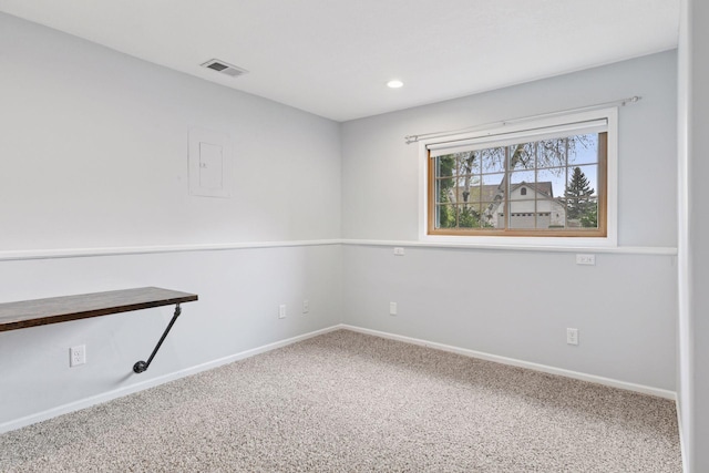 unfurnished room featuring baseboards, carpet, recessed lighting, and visible vents