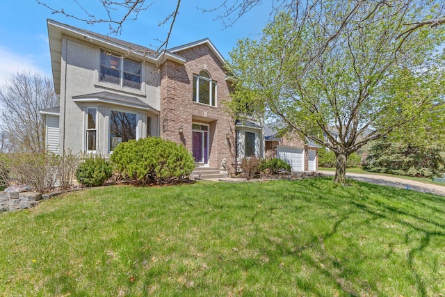 3088 Canyon Rd, Chaska, MN 55318 - traditional-style home with stucco siding, brick siding, driveway, and a front lawn