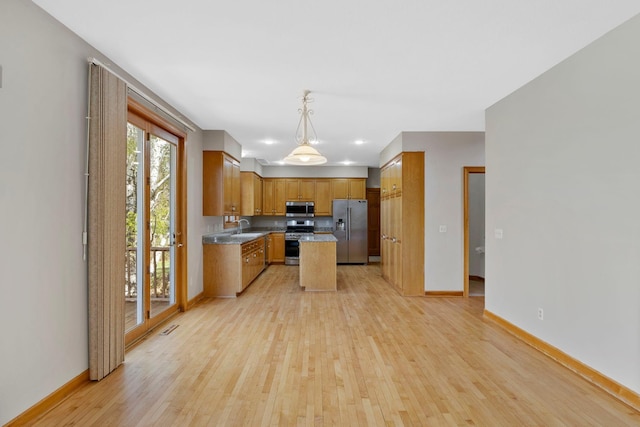 3088 Canyon Rd, Chaska, MN 55318 - kitchen with baseboards, a sink, light wood-style flooring, and stainless steel appliances