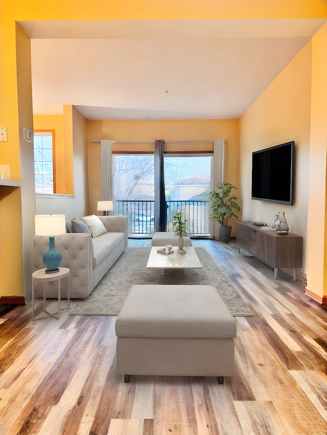 living area featuring baseboards and wood finished floors