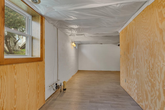 224 Spring St, Holdingford, MN 56340 - below grade area featuring wood finished floors and concrete block wall