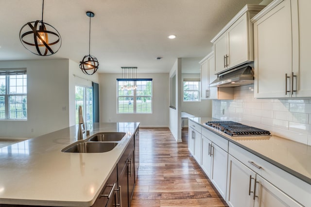 15637 Eddy Creek Way, Apple Valley, MN 55124 - kitchen featuring stainless steel gas stovetop, under cabinet range hood, a sink, healthy amount of natural light, and recessed lighting