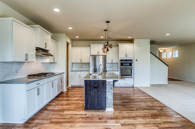 15637 Eddy Creek Way, Apple Valley, MN 55124 - kitchen featuring under cabinet range hood, stainless steel appliances, recessed lighting, an island with sink, and backsplash