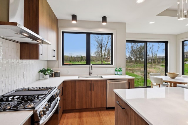 kitchen featuring appliances with stainless steel finishes, a sink, light countertops, wall chimney exhaust hood, and backsplash
