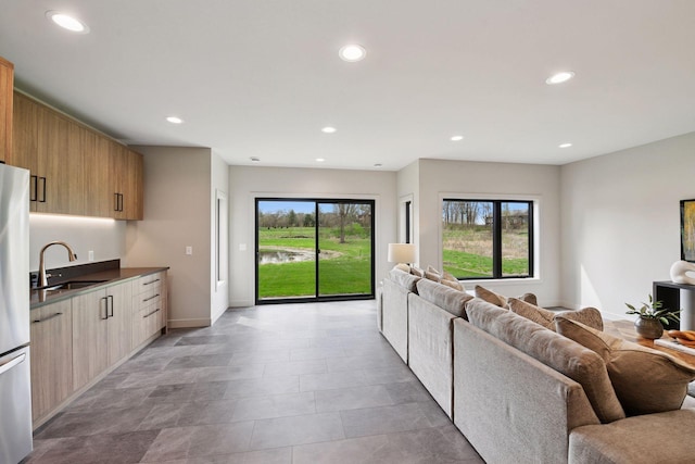 living room featuring baseboards and recessed lighting