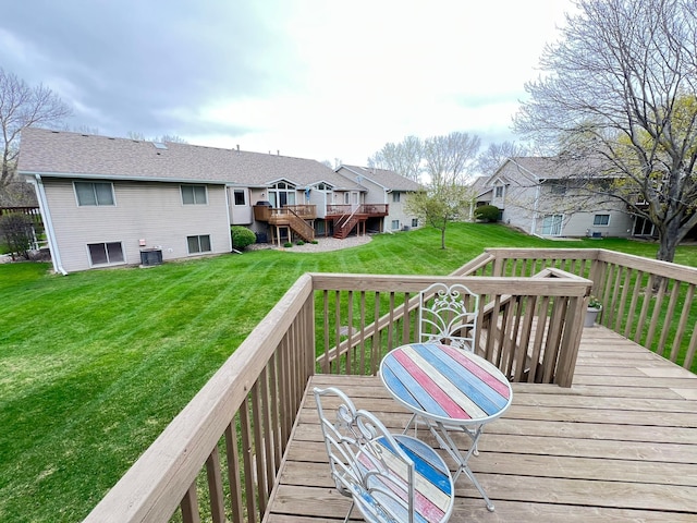 wooden deck featuring central air condition unit and a lawn