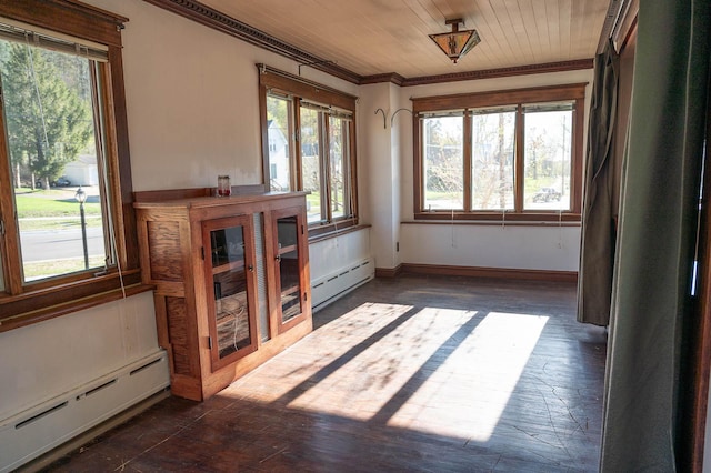 560 7th St, Red Wing, MN 55066 - interior space with a baseboard heating unit, ornamental molding, and dark wood-type flooring