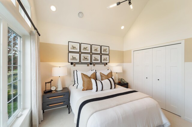 11280 Niagara Ln N, Dayton, MN 55369 - carpeted bedroom featuring recessed lighting, a closet, and high vaulted ceiling