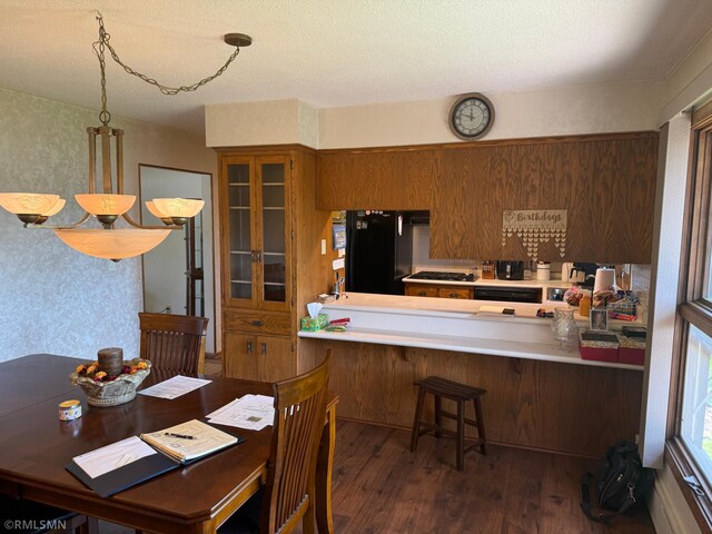 dining space with dark wood finished floors and a textured ceiling