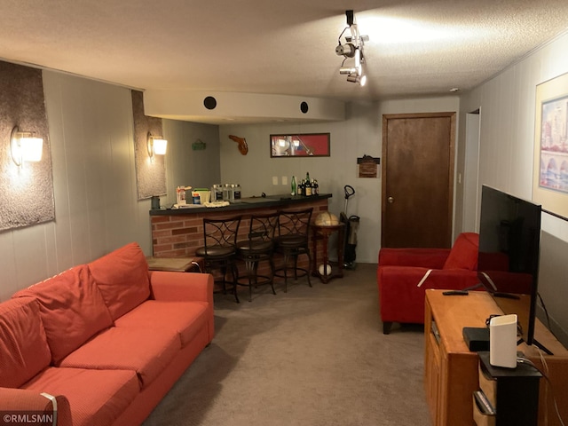 living area with a bar and carpet floors
