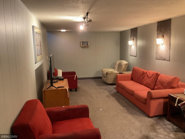 carpeted living room with a textured ceiling