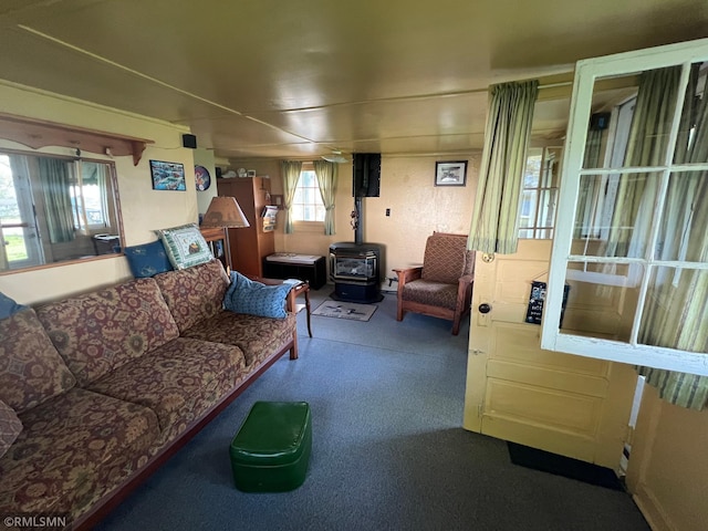 1219 Shore Dr, Luck, WI 54853 - carpeted living room featuring a wood stove