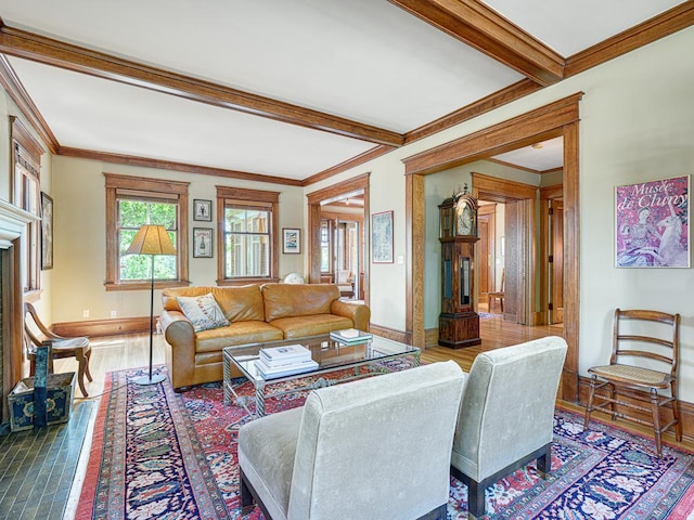 760 Linwood Ave, Saint Paul, MN 55105 - living room featuring baseboards, wood finished floors, ornamental molding, and beam ceiling