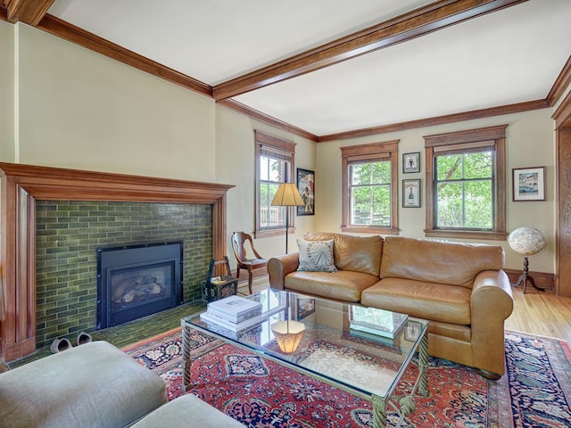 760 Linwood Ave, Saint Paul, MN 55105 - living room featuring wood finished floors, a fireplace, baseboards, ornamental molding, and beamed ceiling