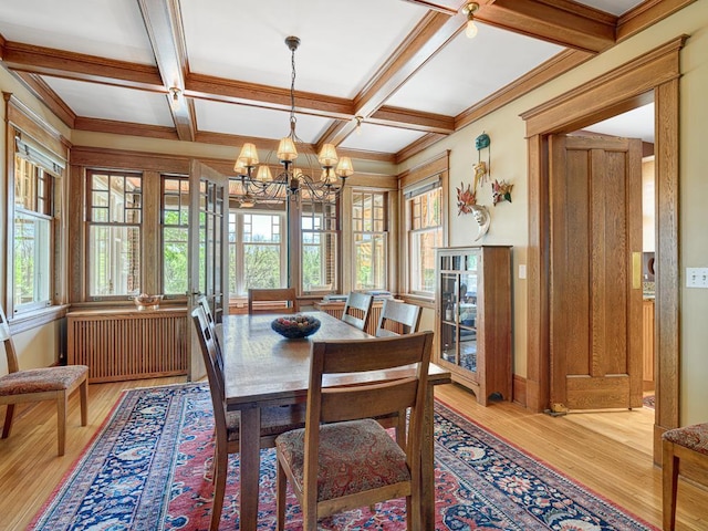760 Linwood Ave, Saint Paul, MN 55105 - dining room featuring wood finished floors, a chandelier, radiator, coffered ceiling, and beamed ceiling