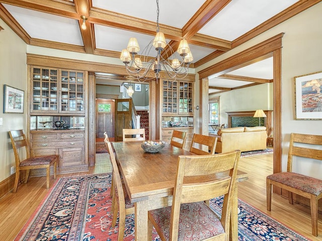 760 Linwood Ave, Saint Paul, MN 55105 - dining area with a chandelier, wood finished floors, coffered ceiling, beam ceiling, and baseboards