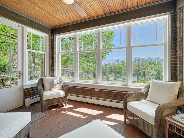 760 Linwood Ave, Saint Paul, MN 55105 - sunroom / solarium with ceiling fan, a baseboard radiator, wooden ceiling, and brick floors