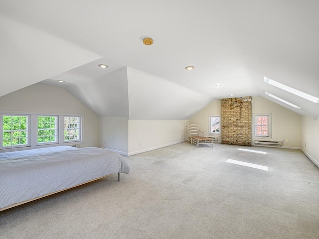 760 Linwood Ave, Saint Paul, MN 55105 - bedroom featuring lofted ceiling, multiple windows, carpet, baseboards, and a baseboard heating unit