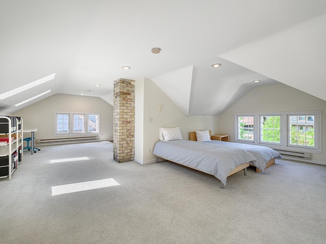 760 Linwood Ave, Saint Paul, MN 55105 - bedroom featuring lofted ceiling, carpet, a skylight, baseboard heating, and recessed lighting