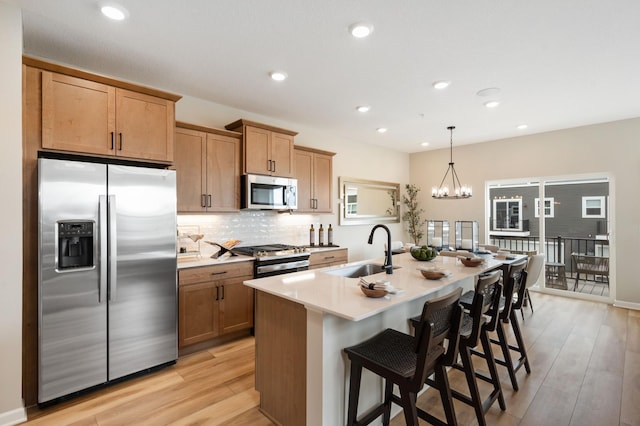 6758 Wildflower Way, Minnetrista, MN 55331 - kitchen featuring appliances with stainless steel finishes, a sink, light wood-type flooring, tasteful backsplash, and a center island with sink