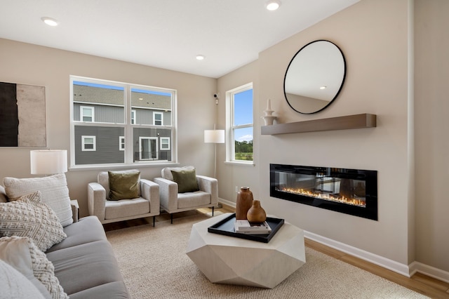 6758 Wildflower Way, Minnetrista, MN 55331 - living area featuring a glass covered fireplace, wood finished floors, baseboards, and recessed lighting