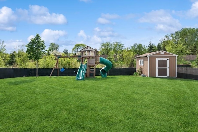 view of jungle gym with a storage shed and an outdoor structure